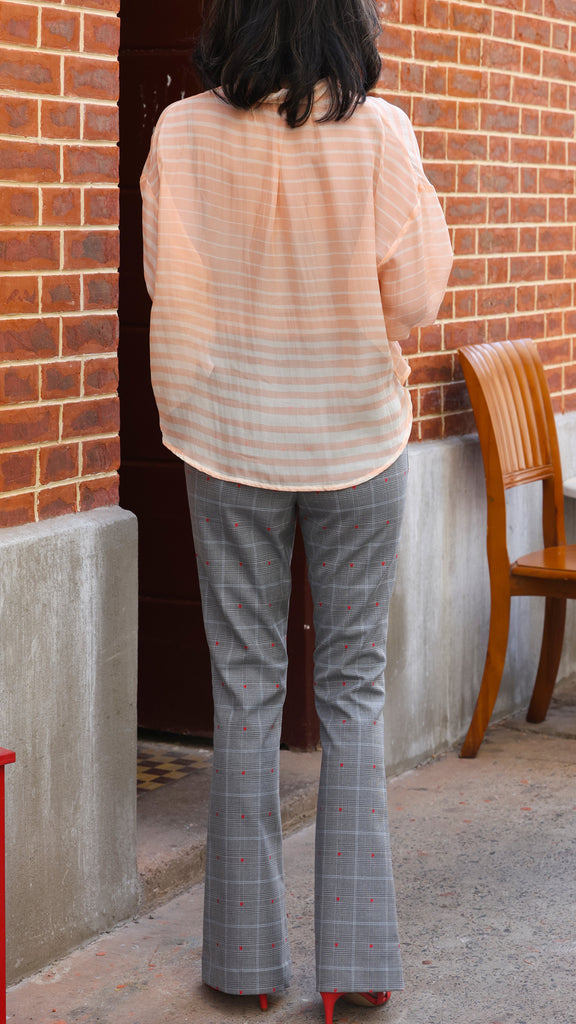 Orange Stripe Pleated Collar Flared Cuff Silky Blouse