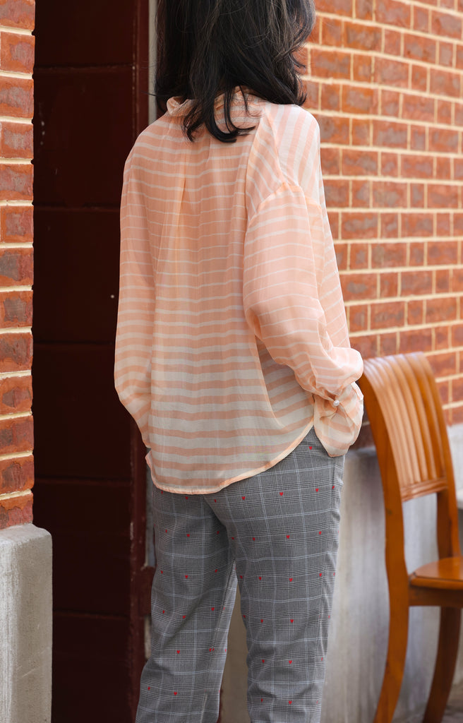Orange Stripe Pleated Collar Flared Cuff Silky Blouse