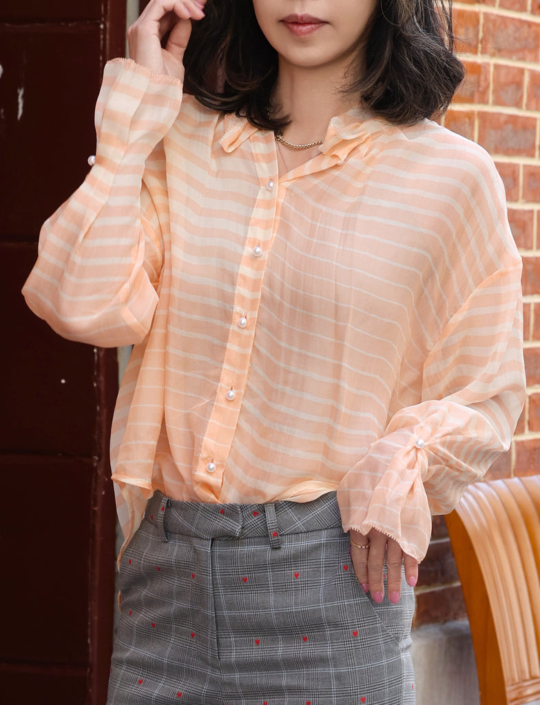 Orange Stripe Pleated Collar Flared Cuff Silky Blouse