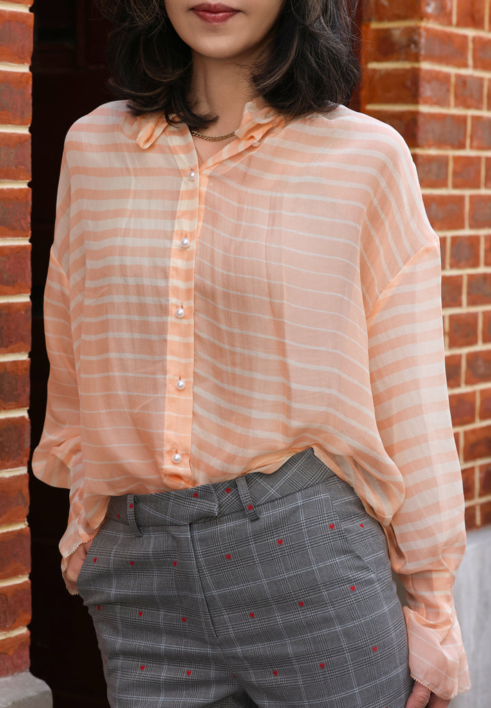 Orange Stripe Pleated Collar Flared Cuff Silky Blouse