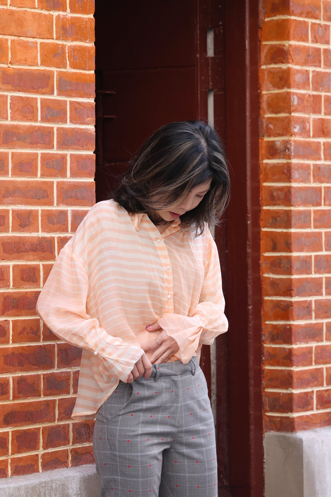Orange Stripe Pleated Collar Flared Cuff Silky Blouse