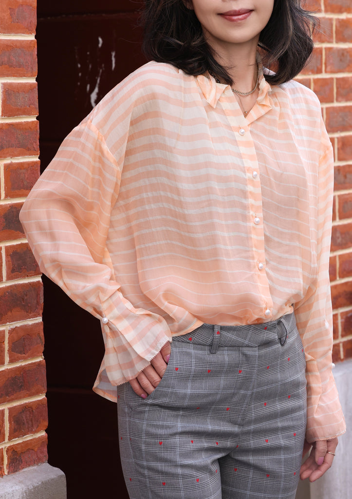 Orange Stripe Pleated Collar Flared Cuff Silky Blouse