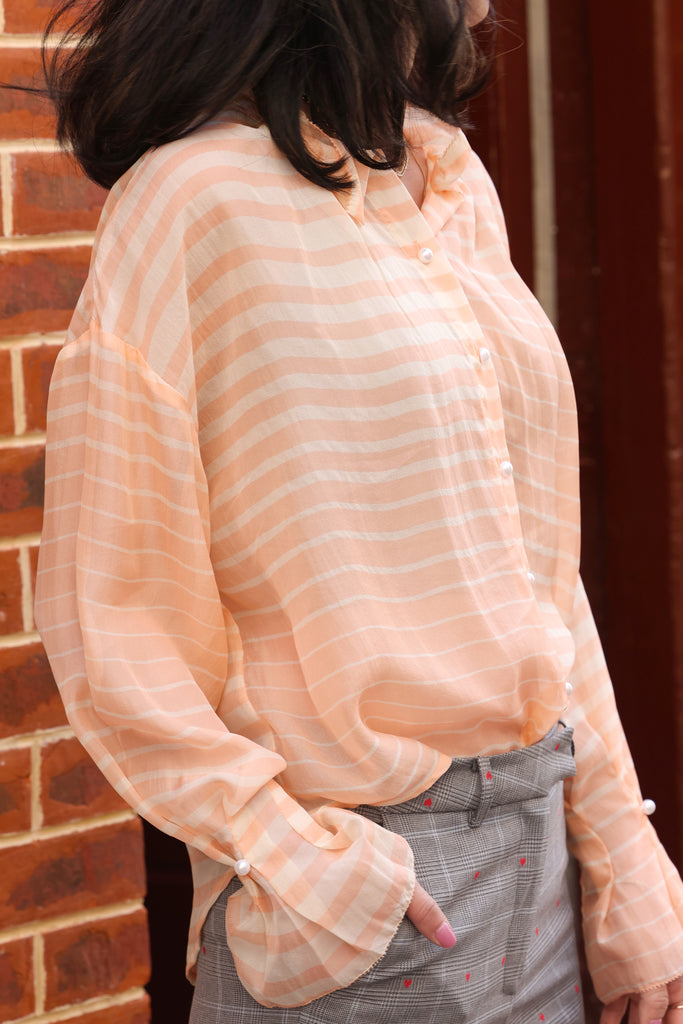 Orange Stripe Pleated Collar Flared Cuff Silky Blouse