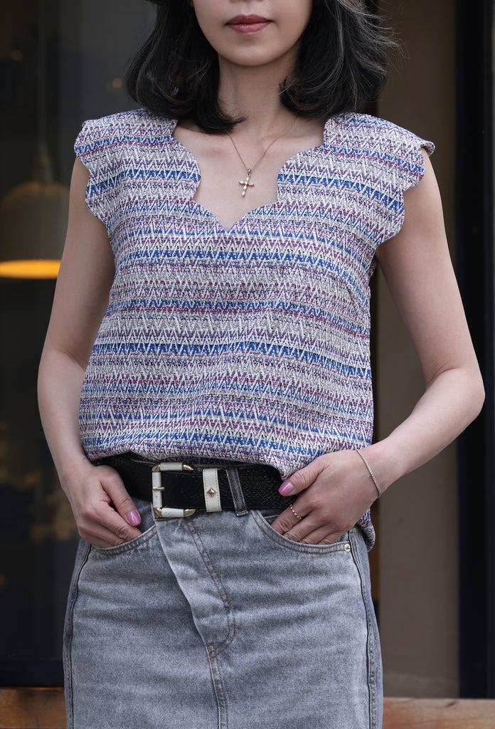 Zigzag Blue V-Neck Scalloped Tank Top