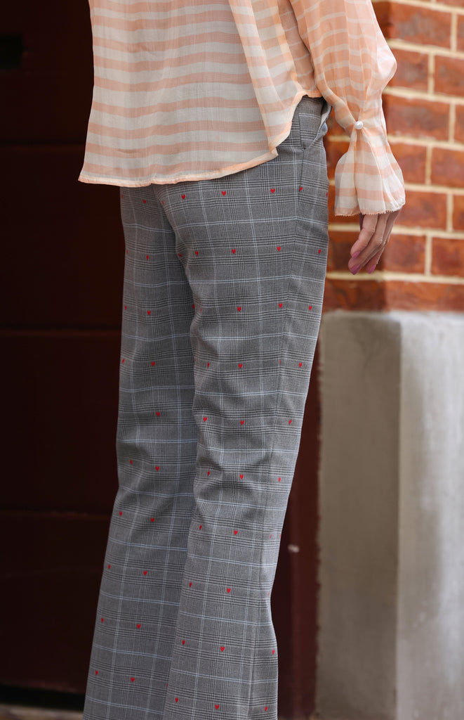 Hearts On Grey Plaid Flare Leg Tailor Pants