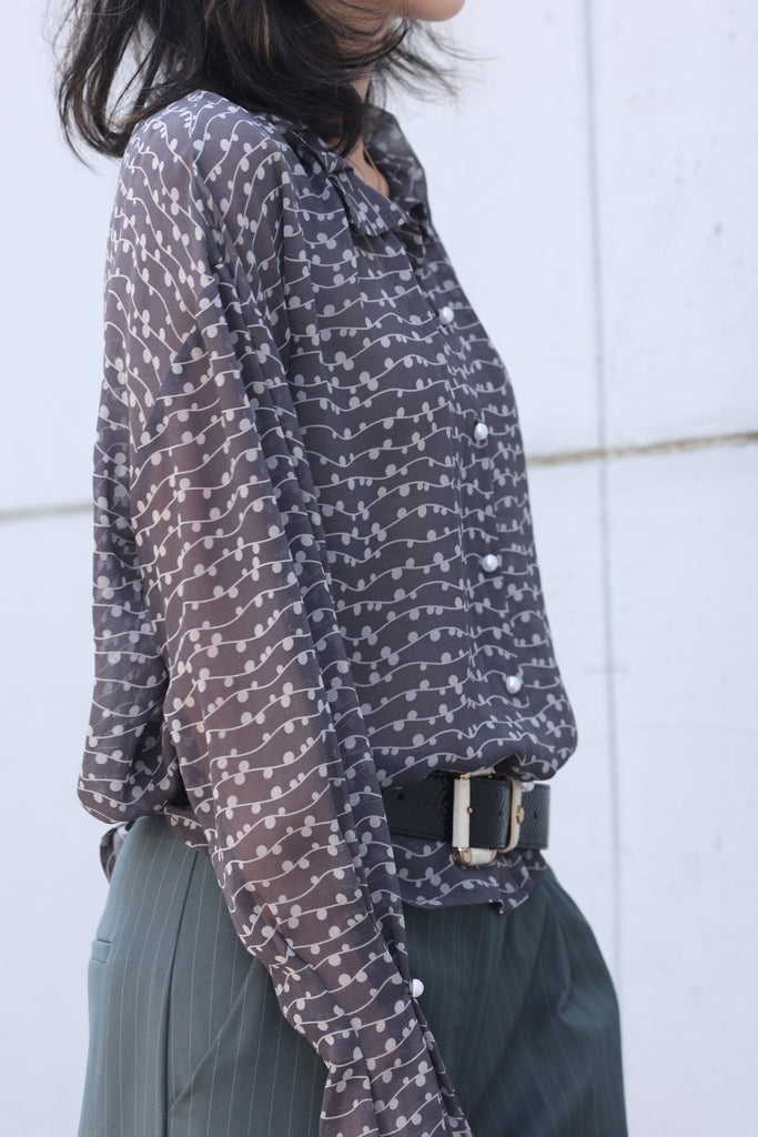 Black Striped Dots Pleated Collar Flared Cuff Silky Blouse