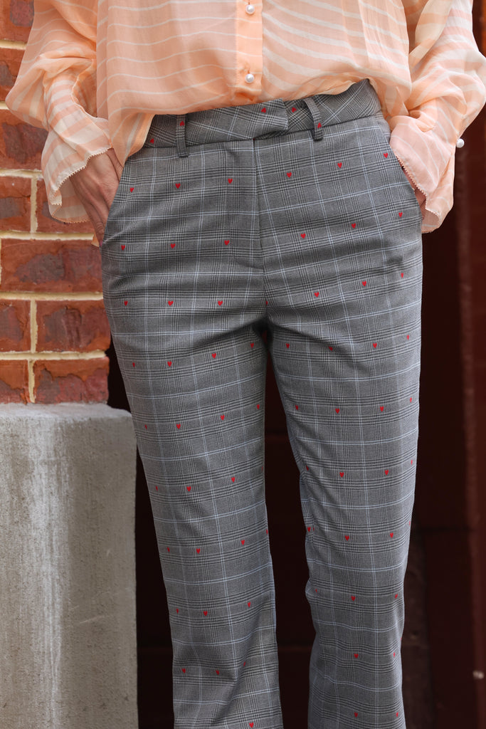 Hearts On Grey Plaid Flare Leg Tailor Pants