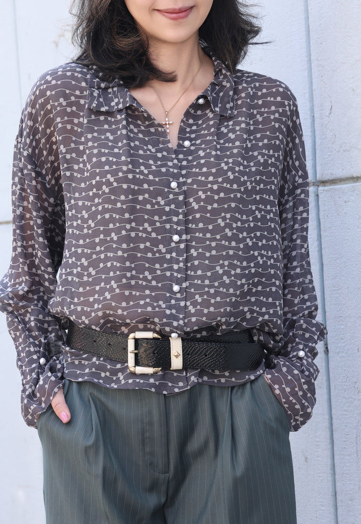 Black Striped Dots Pleated Collar Flared Cuff Silky Blouse