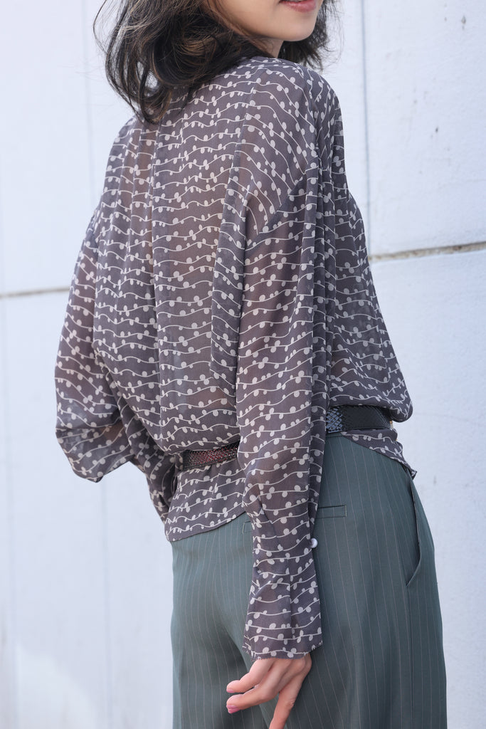 Black Striped Dots Pleated Collar Flared Cuff Silky Blouse