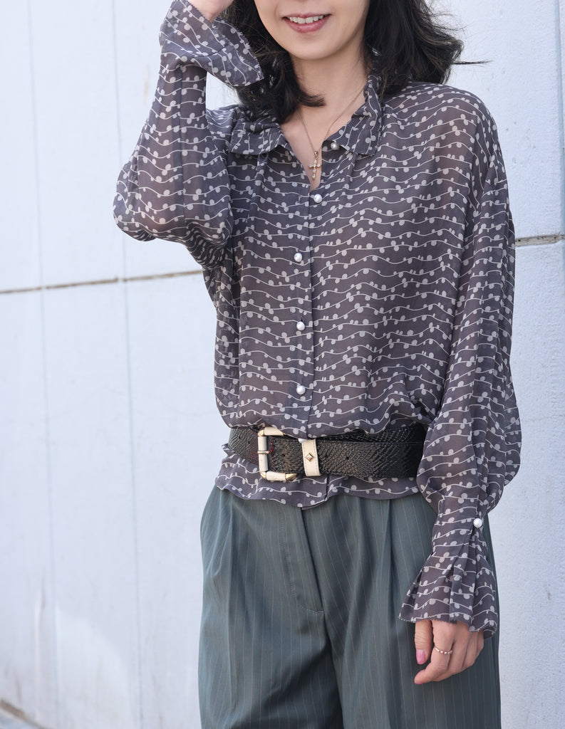 Black Striped Dots Pleated Collar Flared Cuff Silky Blouse