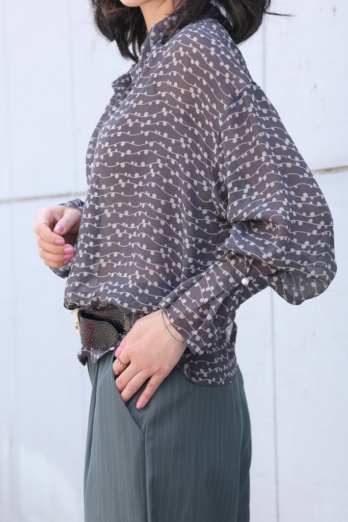 Black Striped Dots Pleated Collar Flared Cuff Silky Blouse