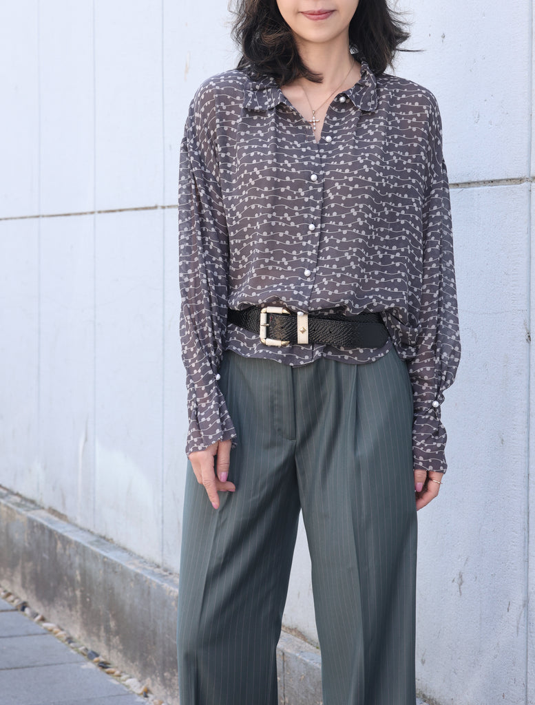 Black Striped Dots Pleated Collar Flared Cuff Silky Blouse