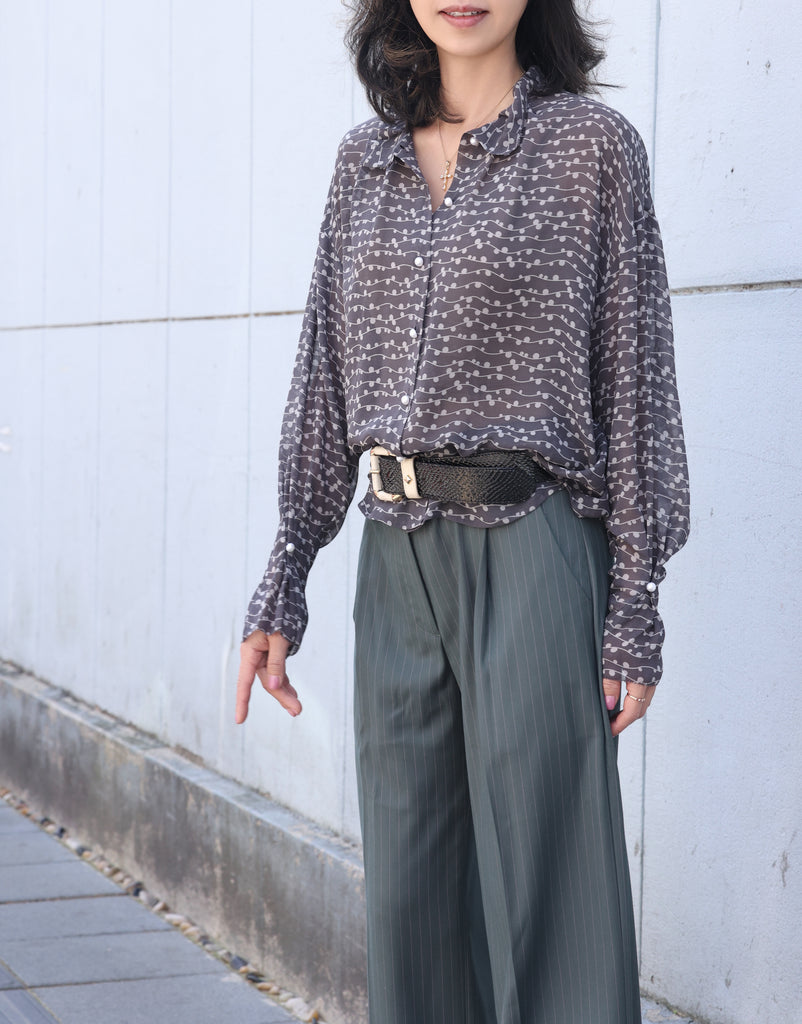 Black Striped Dots Pleated Collar Flared Cuff Silky Blouse