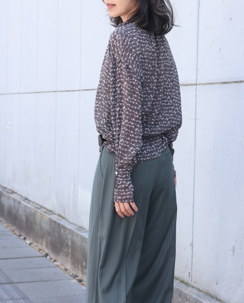 Black Striped Dots Pleated Collar Flared Cuff Silky Blouse