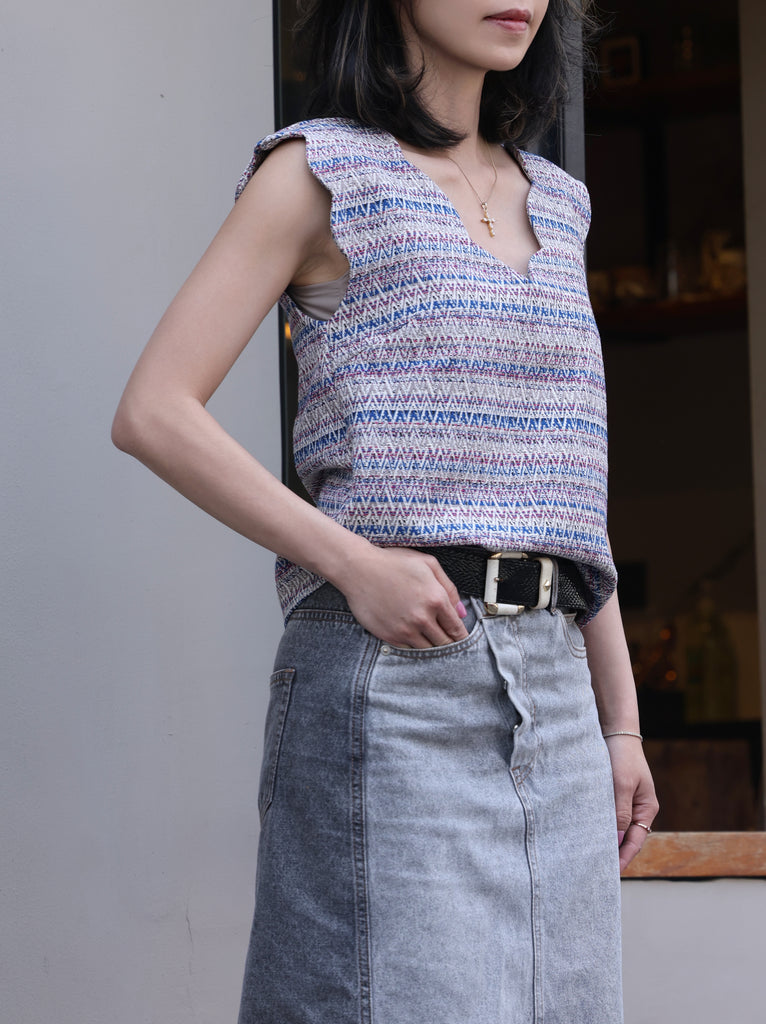 Zigzag Blue V-Neck Scalloped Tank Top