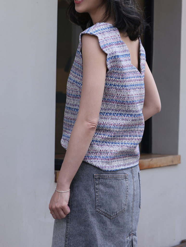 Zigzag Blue V-Neck Scalloped Tank Top