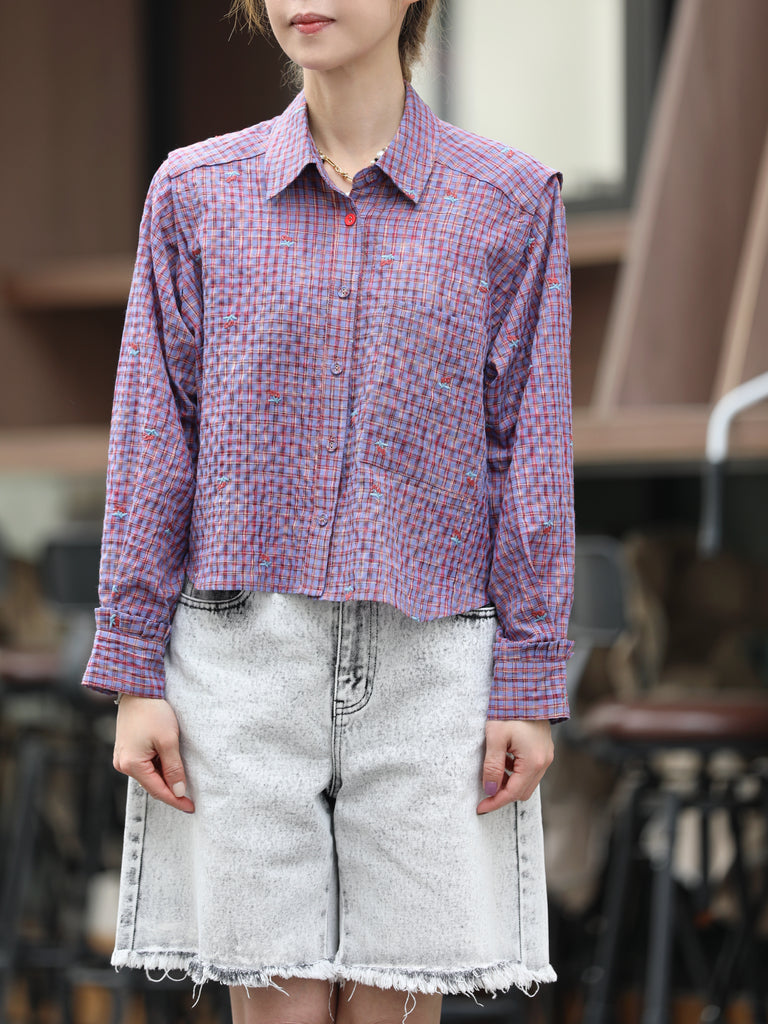 Cherry Embroidered Purple Checked Two-Way Button-Shoulder Shirt