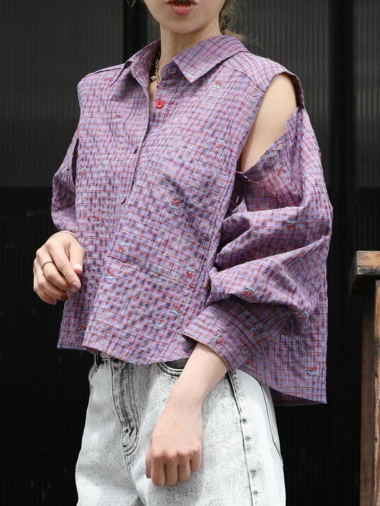 Cherry Embroidered Purple Checked Two-Way Button-Shoulder Shirt