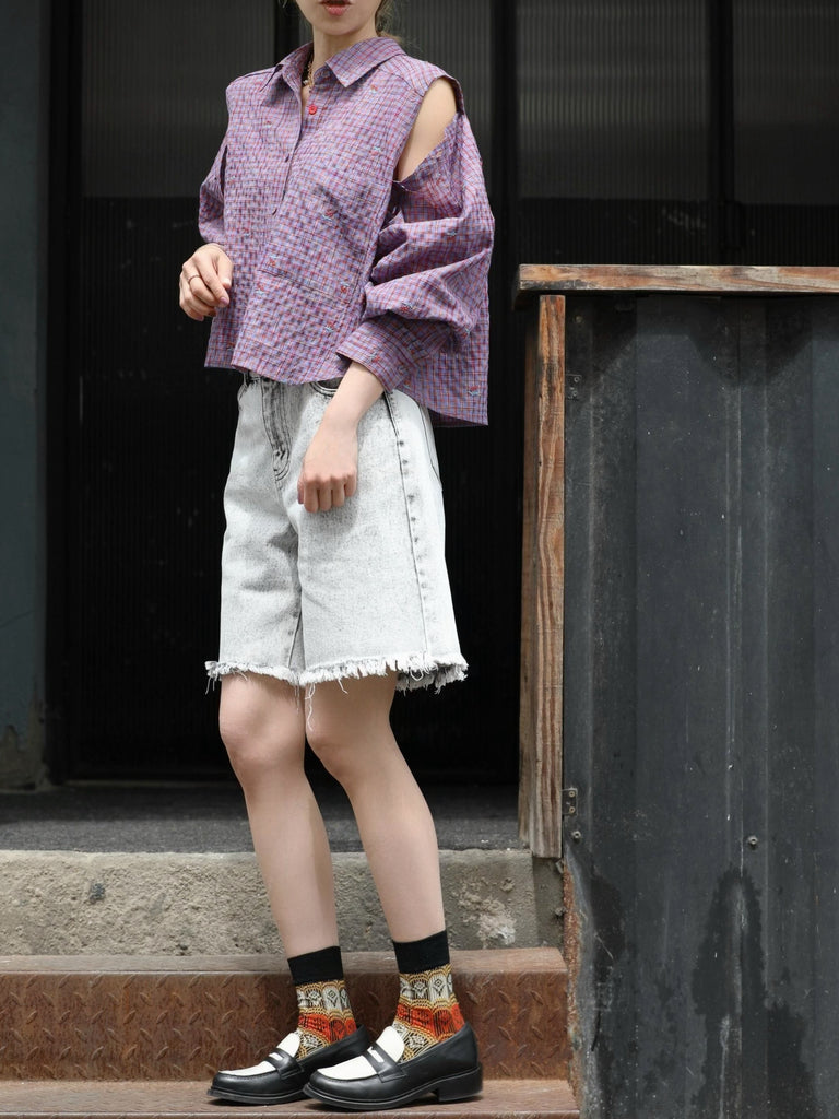 Cherry Embroidered Purple Checked Two-Way Button-Shoulder Shirt
