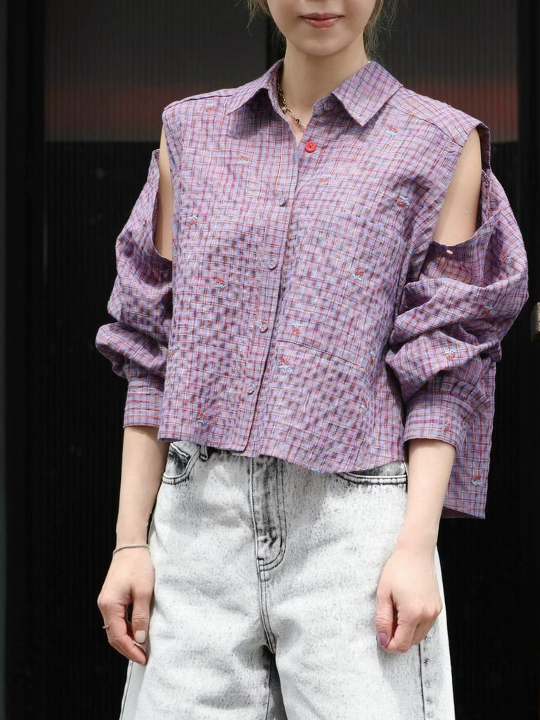 Cherry Embroidered Purple Checked Two-Way Button-Shoulder Shirt