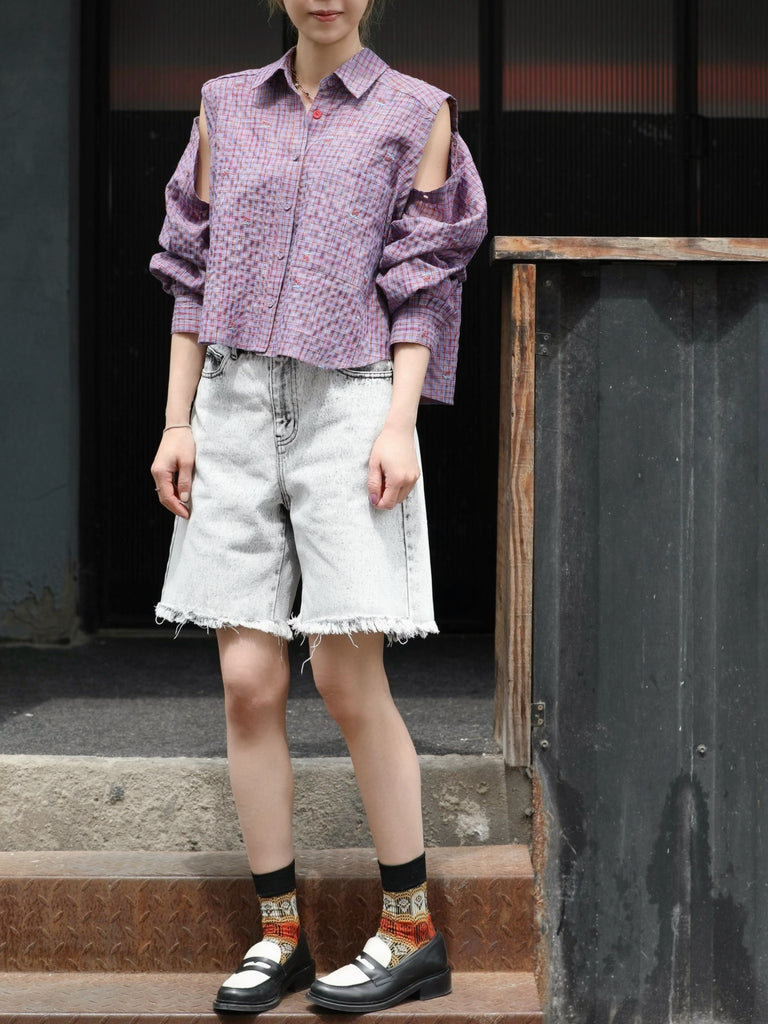 Cherry Embroidered Purple Checked Two-Way Button-Shoulder Shirt
