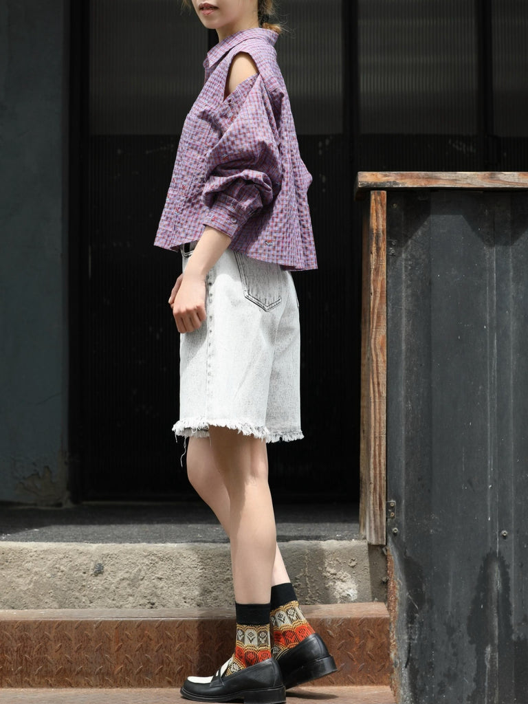 Cherry Embroidered Purple Checked Two-Way Button-Shoulder Shirt