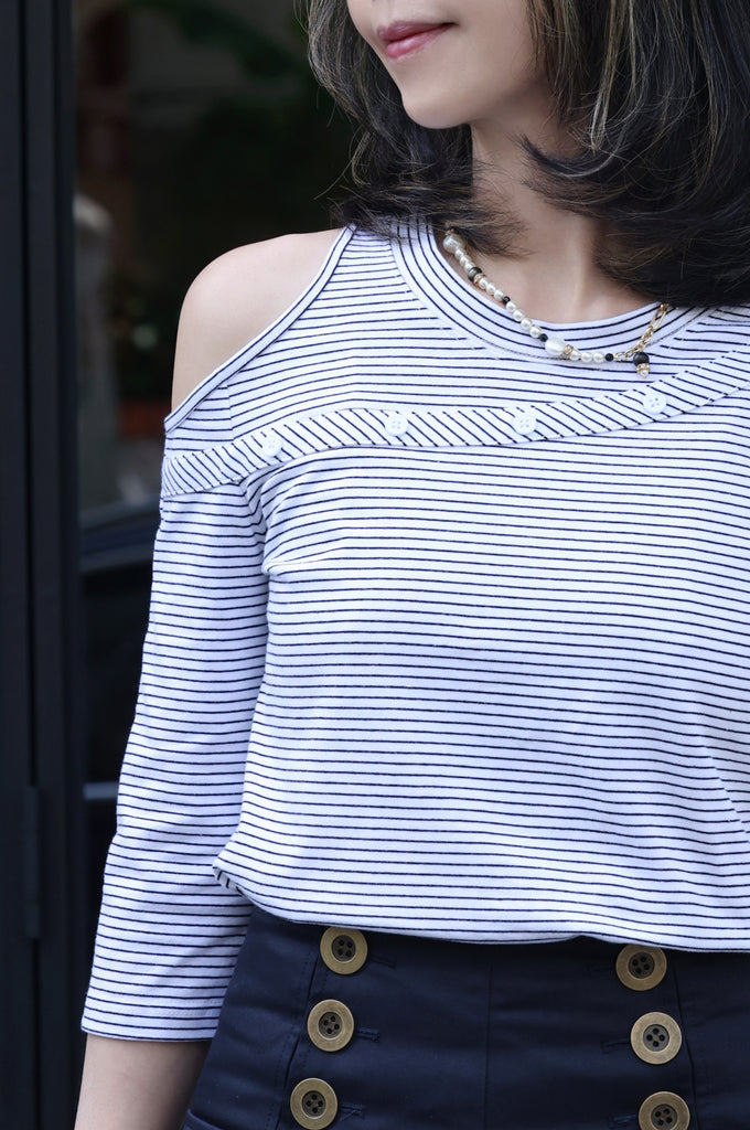 Striped White Single Cut-off Shoulder Button Tee