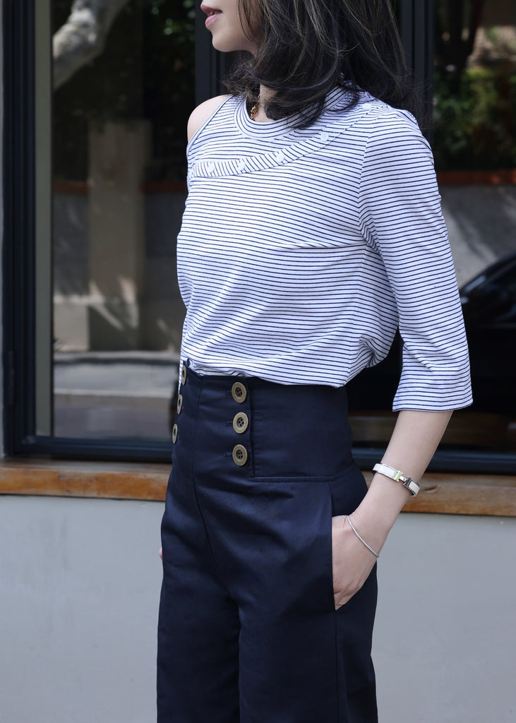 Navy High-waist Button Detail Wide Leg Trousers