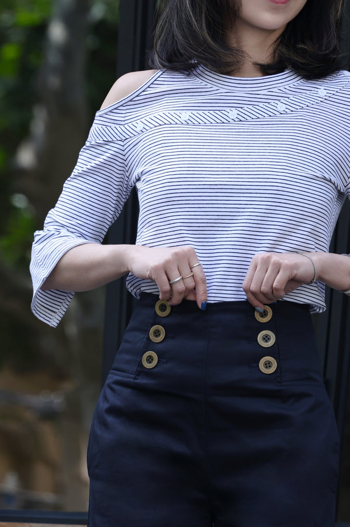 Striped White Single Cut-off Shoulder Button Tee