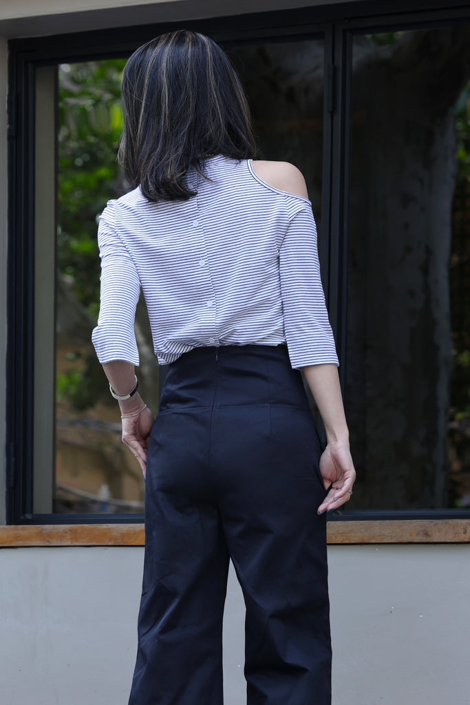 Navy High-waist Button Detail Wide Leg Trousers