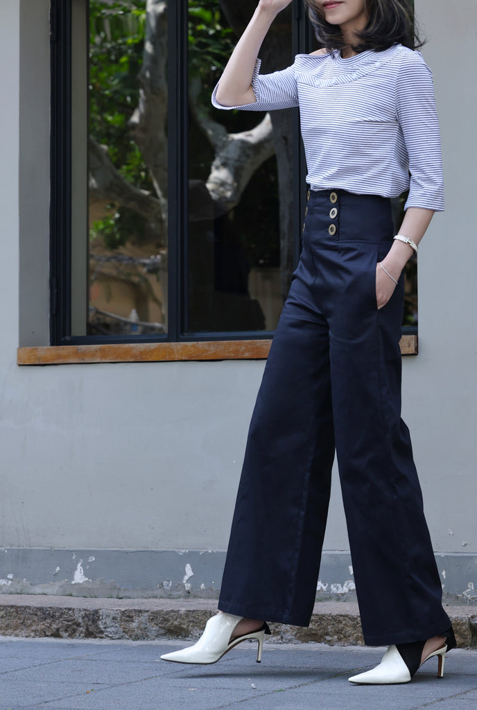 Navy High-waist Button Detail Wide Leg Trousers