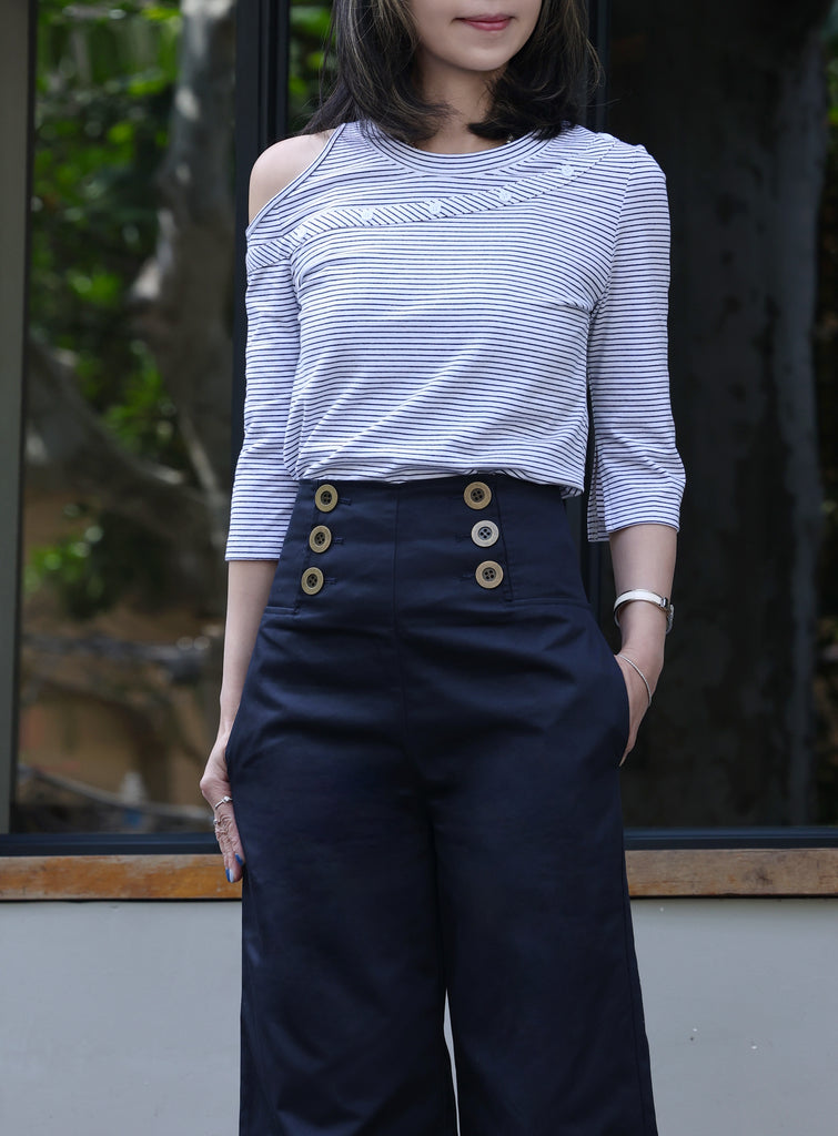 Striped White Single Cut-off Shoulder Button Tee