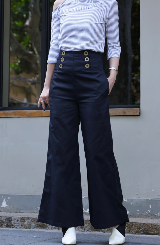 Navy High-waist Button Detail Wide Leg Trousers