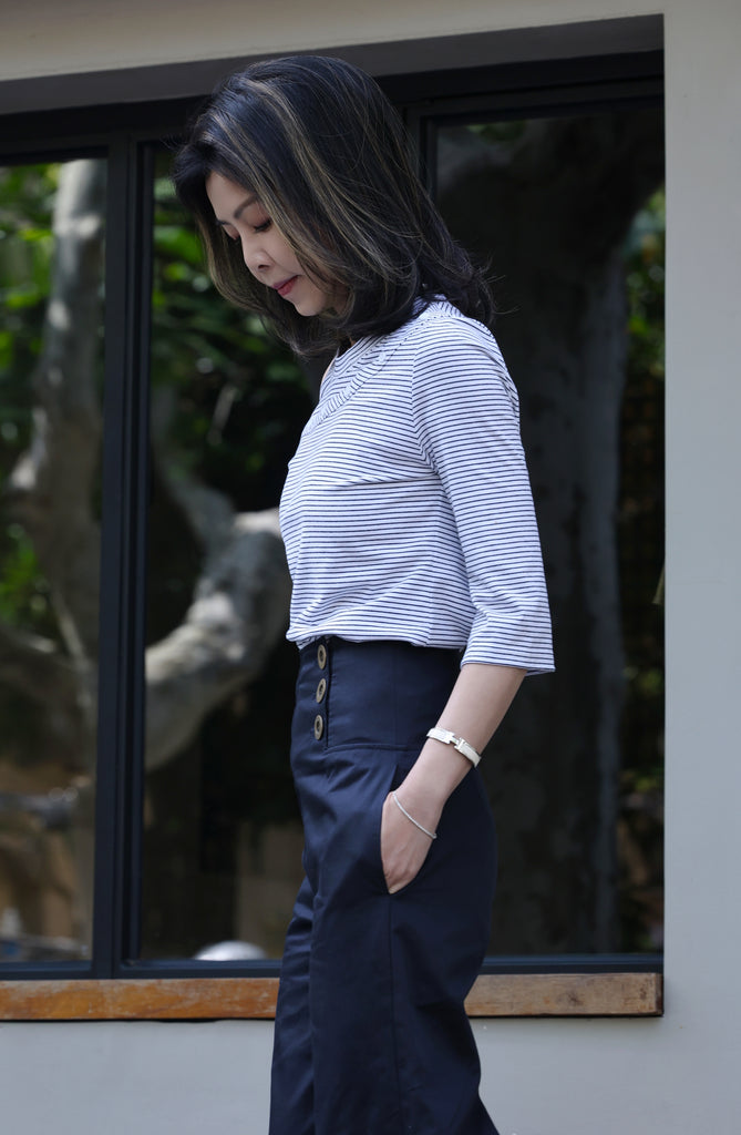 Striped White Single Cut-off Shoulder Button Tee