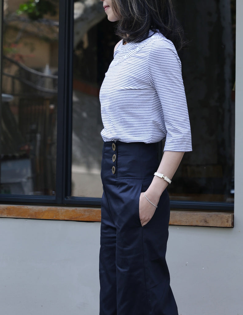 Striped White Single Cut-off Shoulder Button Tee