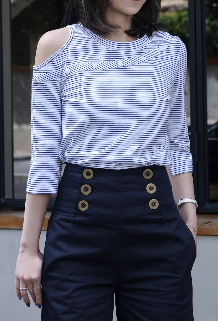 Striped White Single Cut-off Shoulder Button Tee