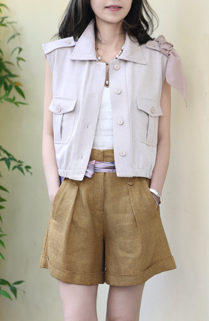 Mustard Brown Pleated Front Scarf Belted High Waist Shorts