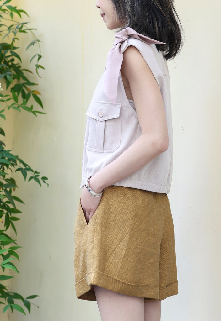 Mustard Brown Pleated Front Scarf Belted High Waist Shorts