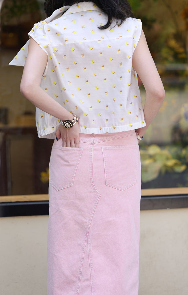 Yellow Flowers Tie-bow Shoulder Sleeveless Utility Jacket