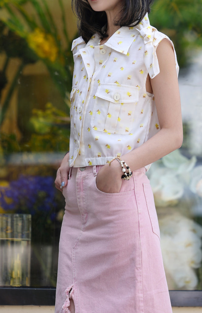 Yellow Flowers Tie-bow Shoulder Sleeveless Utility Jacket