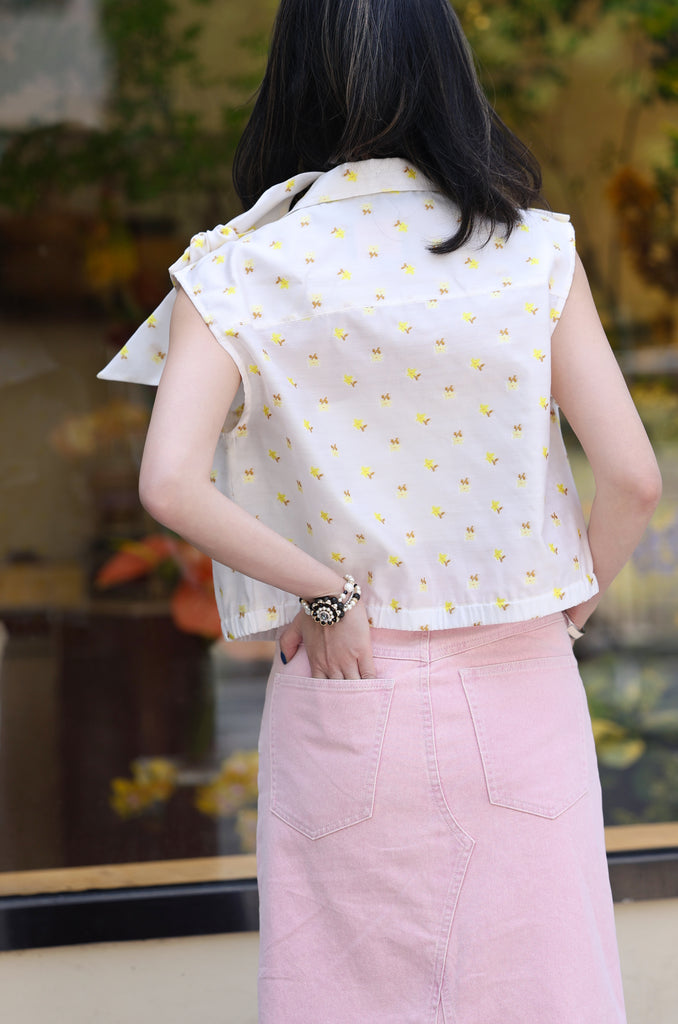Yellow Flowers Tie-bow Shoulder Sleeveless Utility Jacket