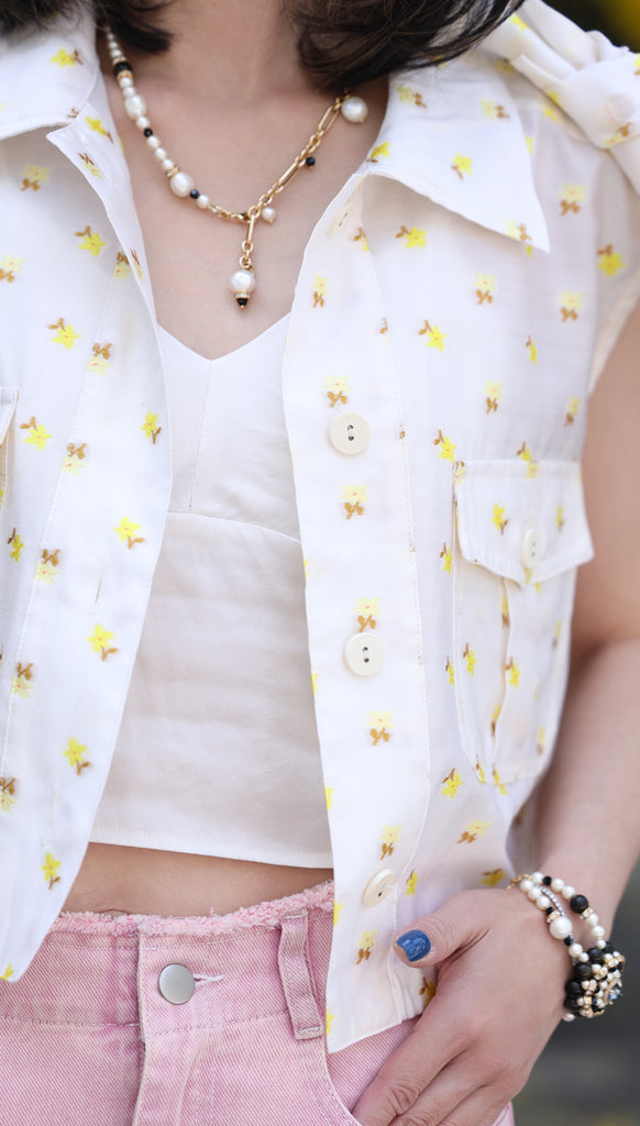 Yellow Flowers Tie-bow Shoulder Sleeveless Utility Jacket
