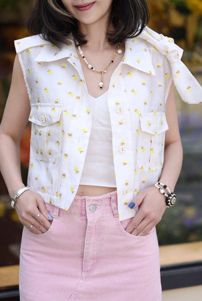 Yellow Flowers Tie-bow Shoulder Sleeveless Utility Jacket