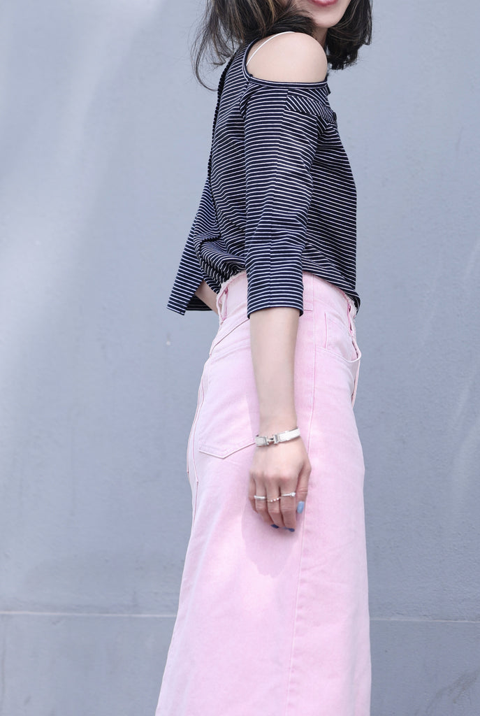 Striped Black Single Cut-off Shoulder Button Tee