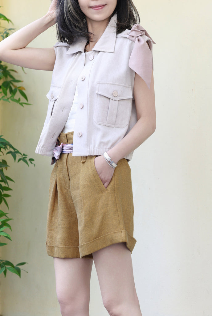 Mustard Brown Pleated Front Scarf Belted High Waist Shorts