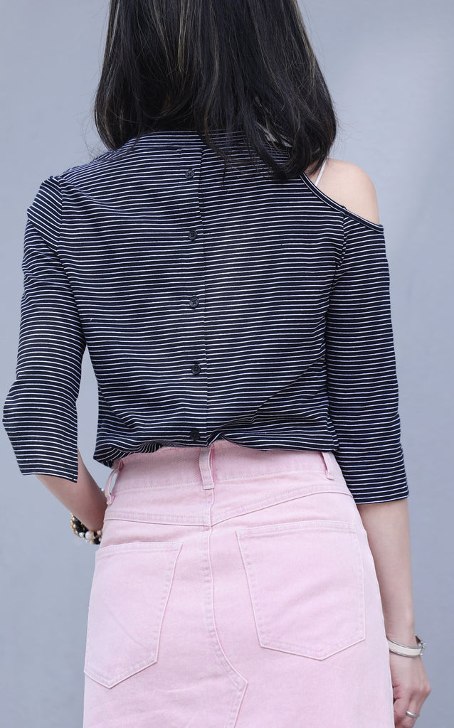 Striped Black Single Cut-off Shoulder Button Tee