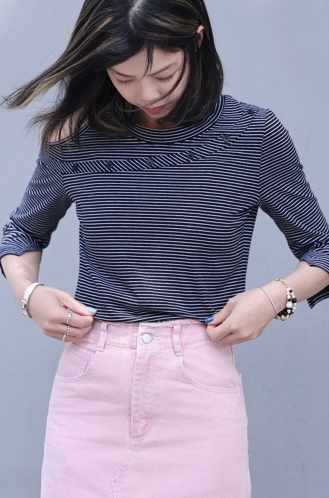Striped Black Single Cut-off Shoulder Button Tee