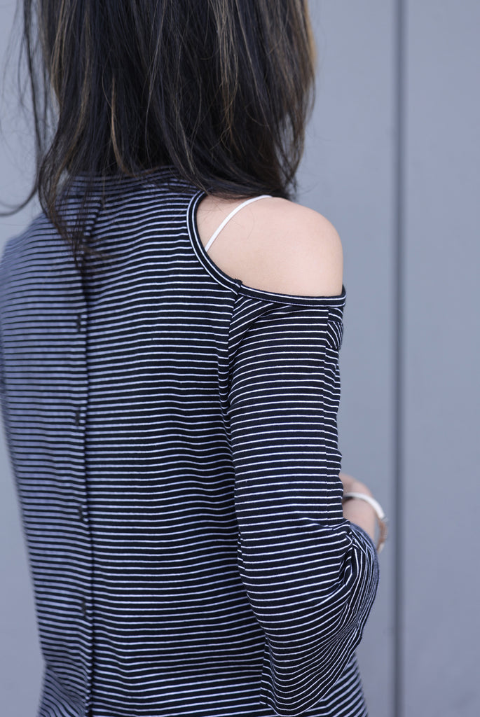Striped Black Single Cut-off Shoulder Button Tee
