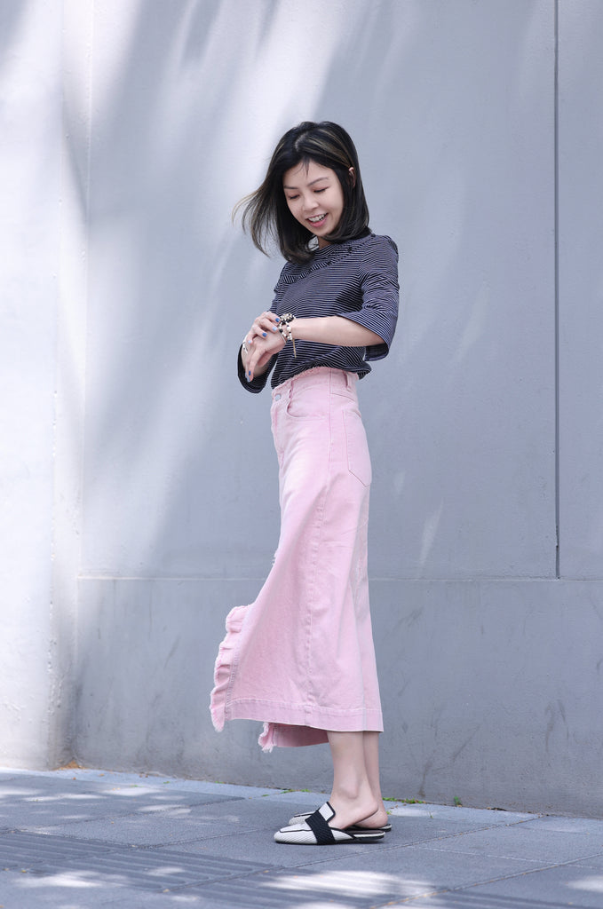 Striped Black Single Cut-off Shoulder Button Tee