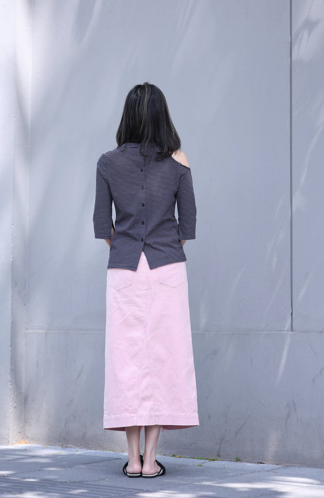 Striped Black Single Cut-off Shoulder Button Tee